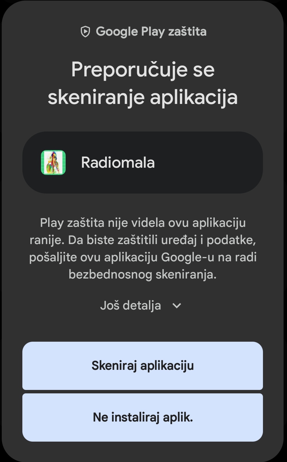 Screenshot Google Play Protect upozorenja